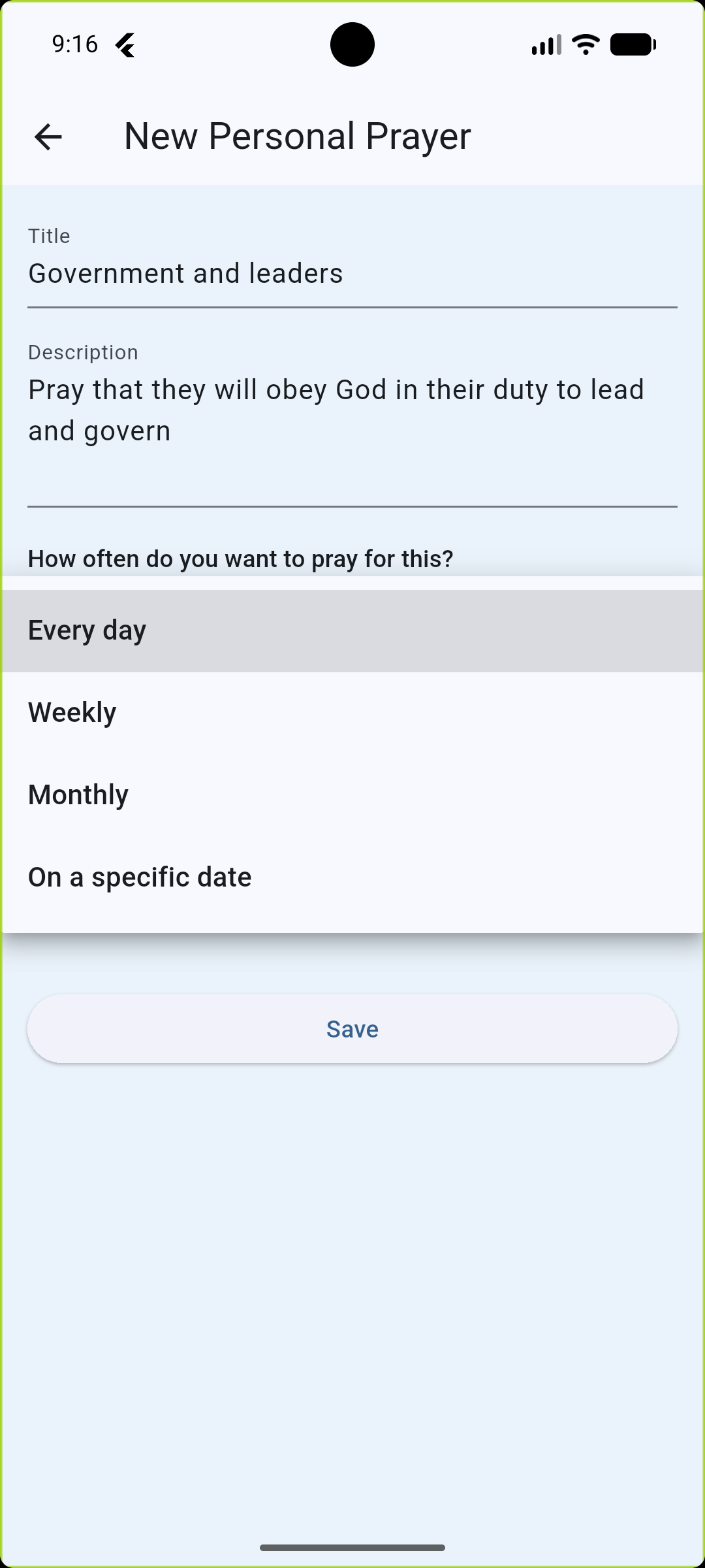 Add a private prayer with a recurrence schedule