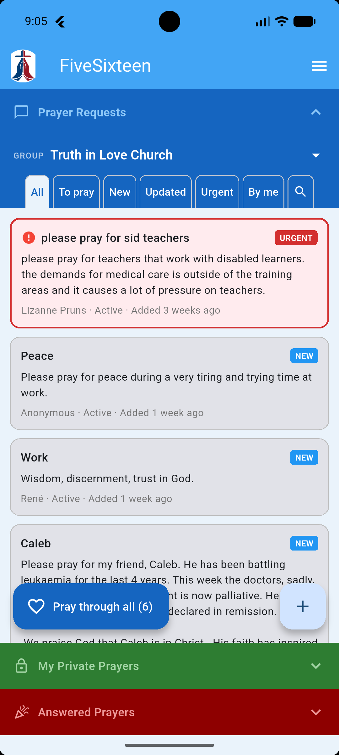 Prayer Requests list with filter tabs