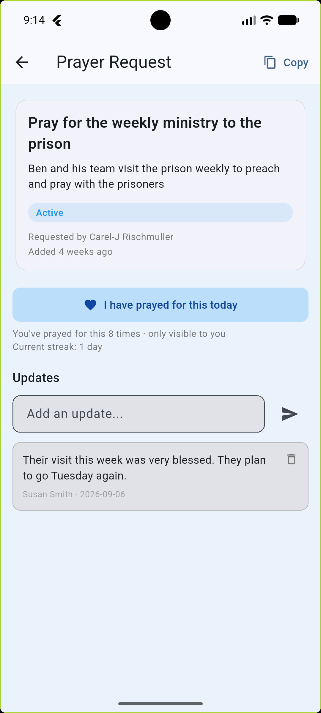 Prayer request detail with updates